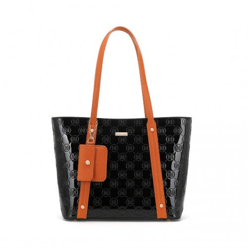 Easy Luggage LD2217 - Miss Lulu 4 Pieces Glossy Leather Tote Bag Set - Black And Brown