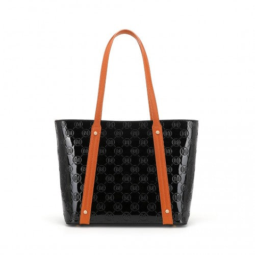 Easy Luggage LD2217 - Miss Lulu 4 Pieces Glossy Leather Tote Bag Set - Black And Brown