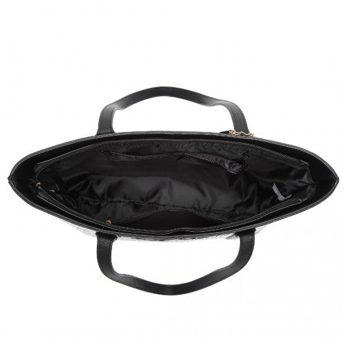 Easy Luggage LD2217 - Miss Lulu 4 Pieces Glossy Leather Tote Bag Set - Black