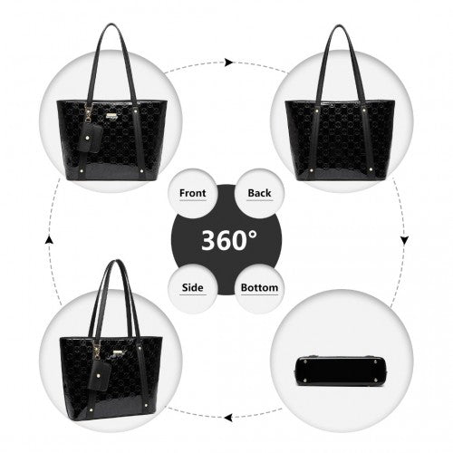 Easy Luggage LD2217 - Miss Lulu 4 Pieces Glossy Leather Tote Bag Set - Black