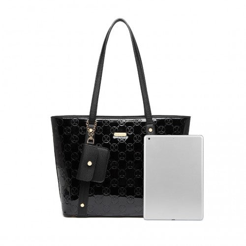 Easy Luggage LD2217 - Miss Lulu 4 Pieces Glossy Leather Tote Bag Set - Black