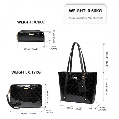 Easy Luggage LD2217 - Miss Lulu 4 Pieces Glossy Leather Tote Bag Set - Black