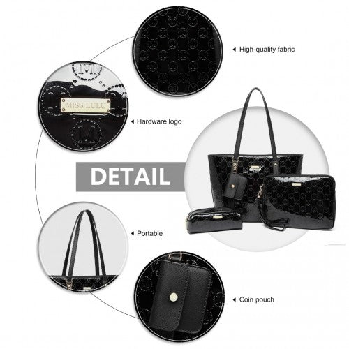 Easy Luggage LD2217 - Miss Lulu 4 Pieces Glossy Leather Tote Bag Set - Black