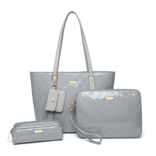 LD2217 Miss Lulu 4 Pieces Glossy Leather Tote Bag Set Grey Easy Luggage
