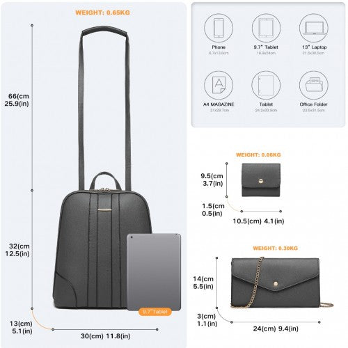 Easy Luggage LD2249 - Miss Lulu 3 Piece Elegant Leather Backpack Set - Grey