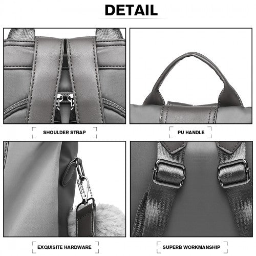 Easy Luggage LG1903 - Miss Lulu Two Way Backpack Shoulder Bag with Pom Pom Pendant - Grey