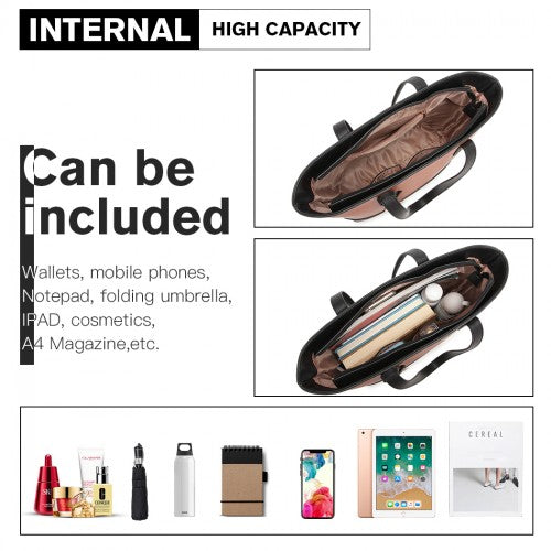 Easy Luggage LG2023 - Miss Lulu 3 Piece Leather Look Tote Bag Set - Black And Brown