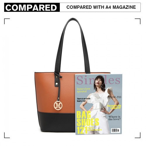 Easy Luggage LG2023 - Miss Lulu 3 Piece Leather Look Tote Bag Set - Black And Brown