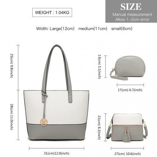 Easy Luggage LG2023 - Miss Lulu 3 Piece Leather Look Tote Bag Set - Grey And White