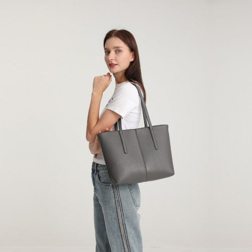 Easy Luggage LG2062 - Miss Lulu Leather Look Simple Casual Tote Bag - Grey