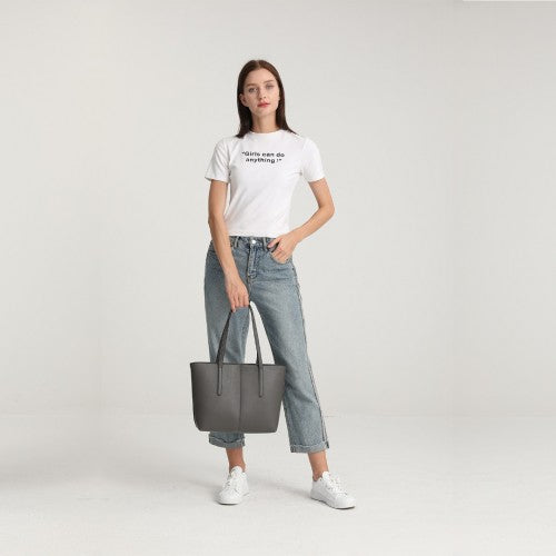 Easy Luggage LG2062 - Miss Lulu Leather Look Simple Casual Tote Bag - Grey