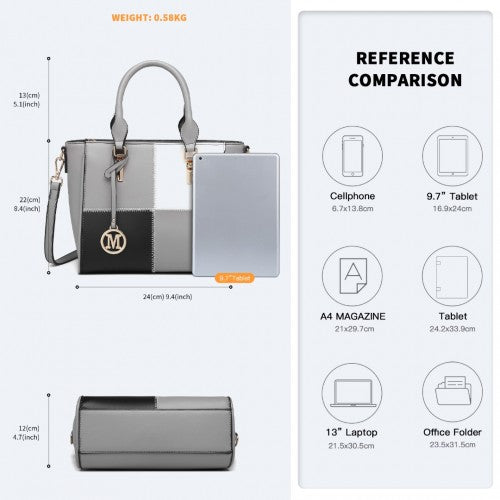 Easy Luggage LG2214 - Miss Lulu Muti-Colour Combination Handbag Tote Bag - Grey