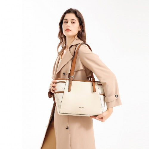 Easy Luggage LG2322 - Miss Lulu Elegant Tote Bag With Monogram Pattern - Beige And Brown
