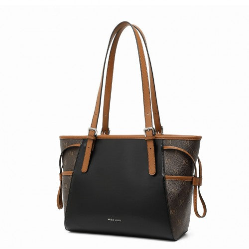 Easy Luggage LG2322 - Miss Lulu Elegant Tote Bag With Monogram Pattern - Black And Brown