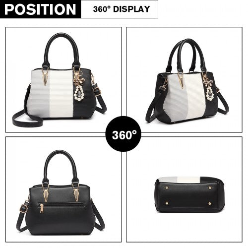 Easy Luggage LG6866 - Miss Lulu Leather Look Colour Block Bow Pendant Handbag - Black