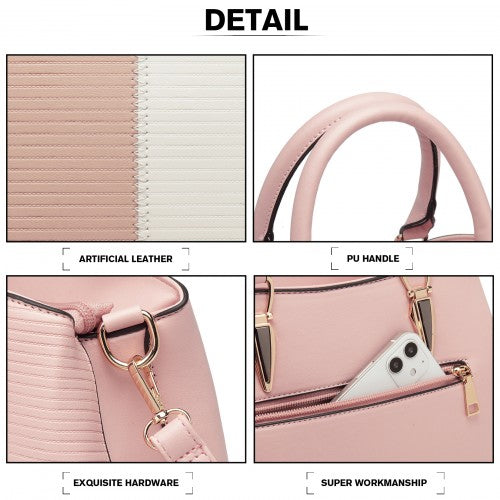 Easy Luggage LG6866 - Miss Lulu Leather Look Colour Block Bow Pendant Handbag - Pink