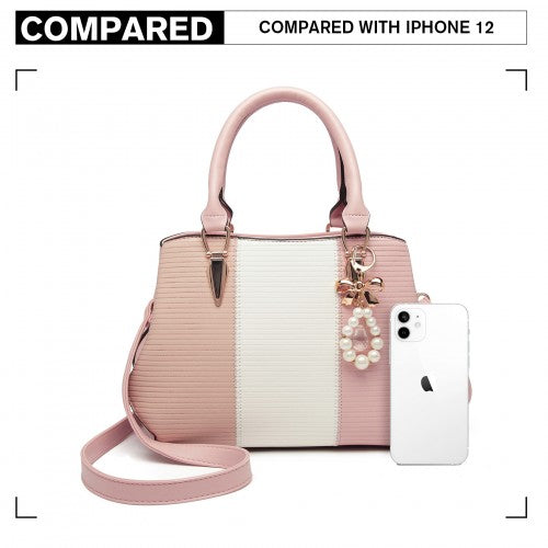 Easy Luggage LG6866 - Miss Lulu Leather Look Colour Block Bow Pendant Handbag - Pink
