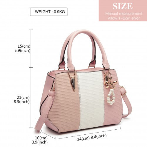 Easy Luggage LG6866 - Miss Lulu Leather Look Colour Block Bow Pendant Handbag - Pink