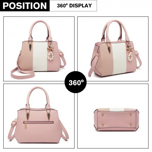 Easy Luggage LG6866 - Miss Lulu Leather Look Colour Block Bow Pendant Handbag - Pink