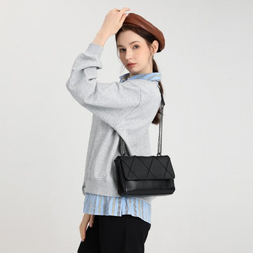 Easy Luggage LH2253 - Miss Lulu Rhombus Flap Chain Shoulder Bag - Black