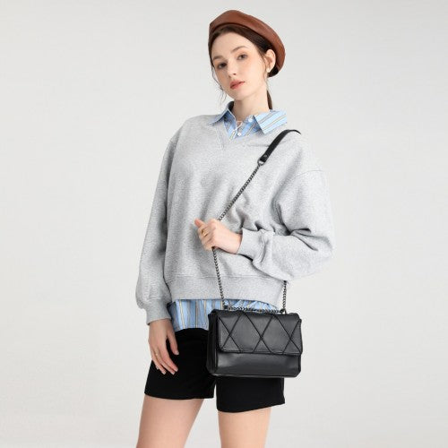 Easy Luggage LH2253 - Miss Lulu Rhombus Flap Chain Shoulder Bag - Black