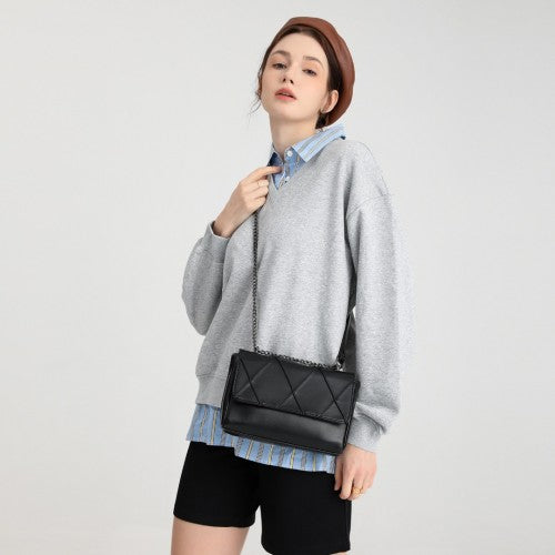 Easy Luggage LH2253 - Miss Lulu Rhombus Flap Chain Shoulder Bag - Black