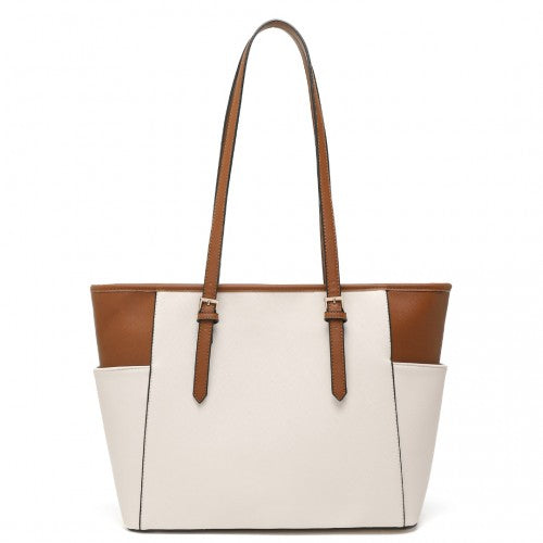 Easy Luggage LM1642-1 - Miss Lulu Faux Leather Adjustable Handle Tote Bag - Beige And Light Brown