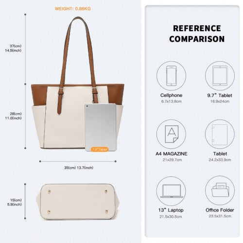 Easy Luggage LM1642-1 - Miss Lulu Faux Leather Adjustable Handle Tote Bag - Beige And Light Brown