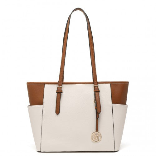 Easy Luggage LM1642-1 - Miss Lulu Faux Leather Adjustable Handle Tote Bag - Beige And Light Brown
