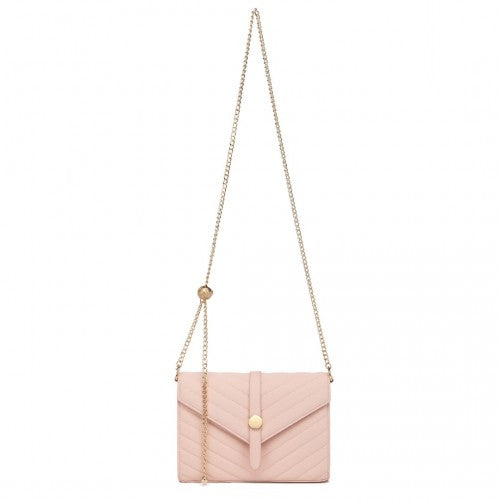 Easy Luggage LP2205 - Miss Lulu V-stitched Flap Leather Chain Bag - Pink