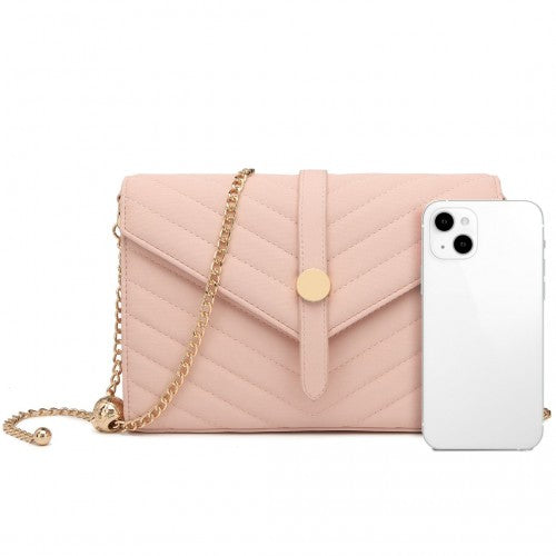 Easy Luggage LP2205 - Miss Lulu V-stitched Flap Leather Chain Bag - Pink