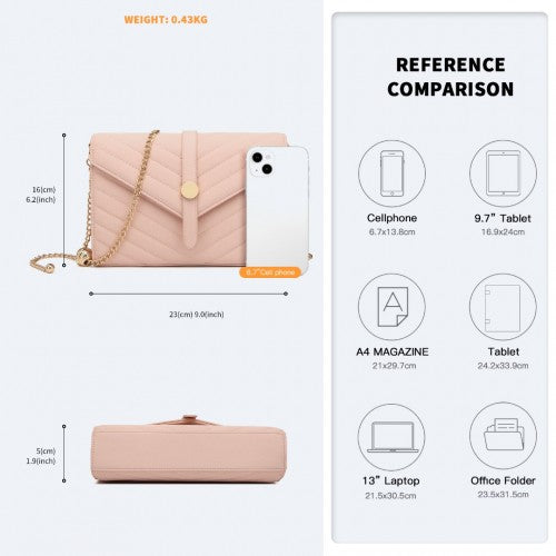 Easy Luggage LP2205 - Miss Lulu V-stitched Flap Leather Chain Bag - Pink