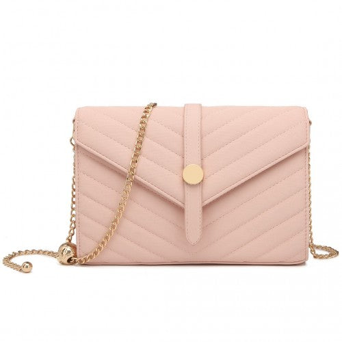 Easy Luggage LP2205 - Miss Lulu V-stitched Flap Leather Chain Bag - Pink