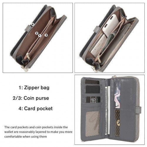 Easy Luggage LP2215 - Miss Lulu Mixed Colour Women's Leather Look Clutch Purse - Grey