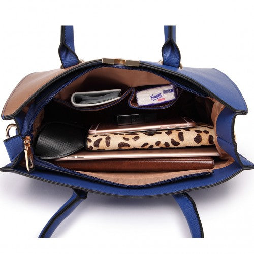 Easy Luggage LT1666 - Miss Lulu Split Front Design Medium Tote Handbag Navy and Brown