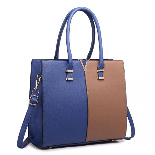 Easy Luggage LT1666 - Miss Lulu Split Front Design Medium Tote Handbag Navy and Brown