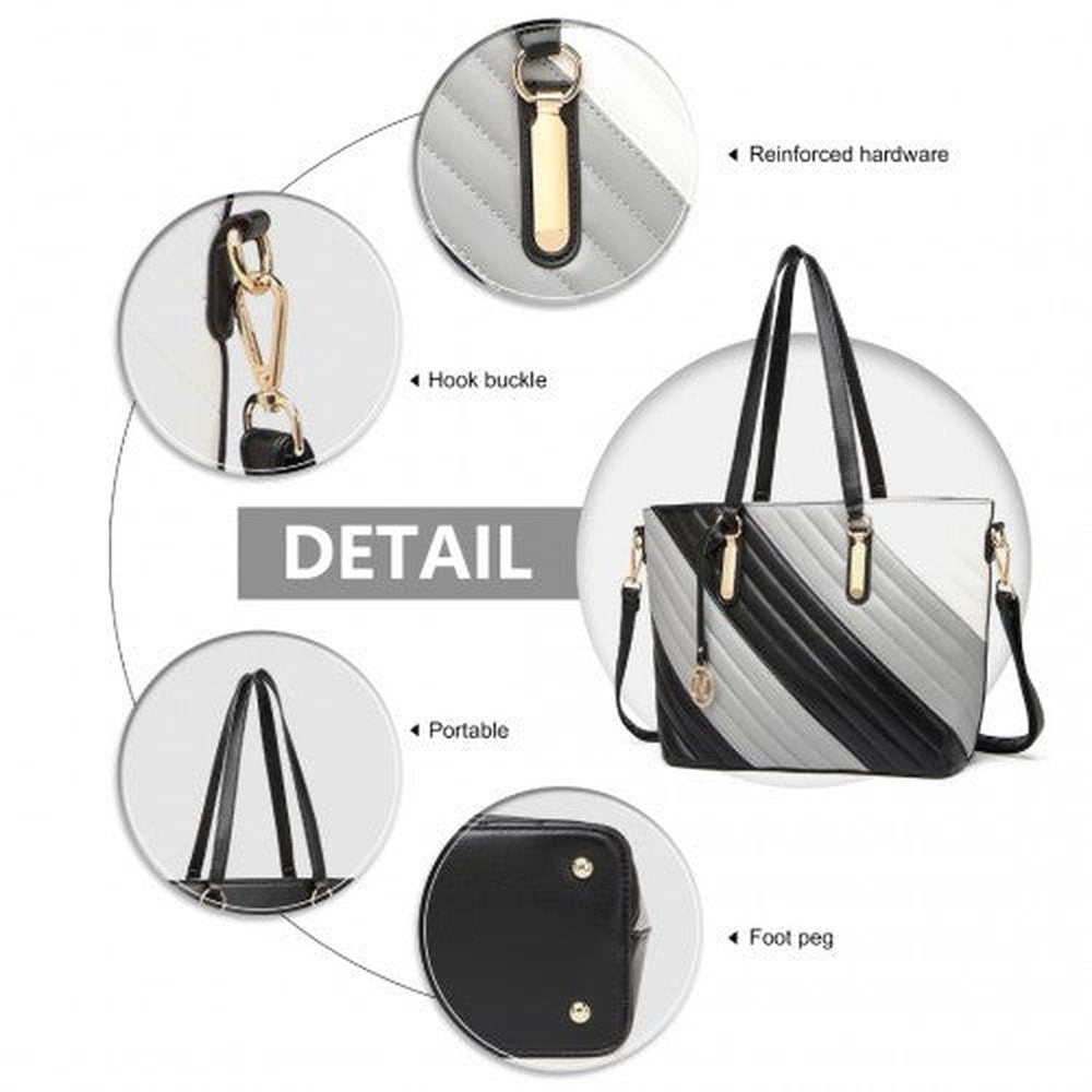 Easy Luggage LT2225 - Miss Lulu Contrast Colour Twill Leather Handbag Tote Bag - Black And Grey