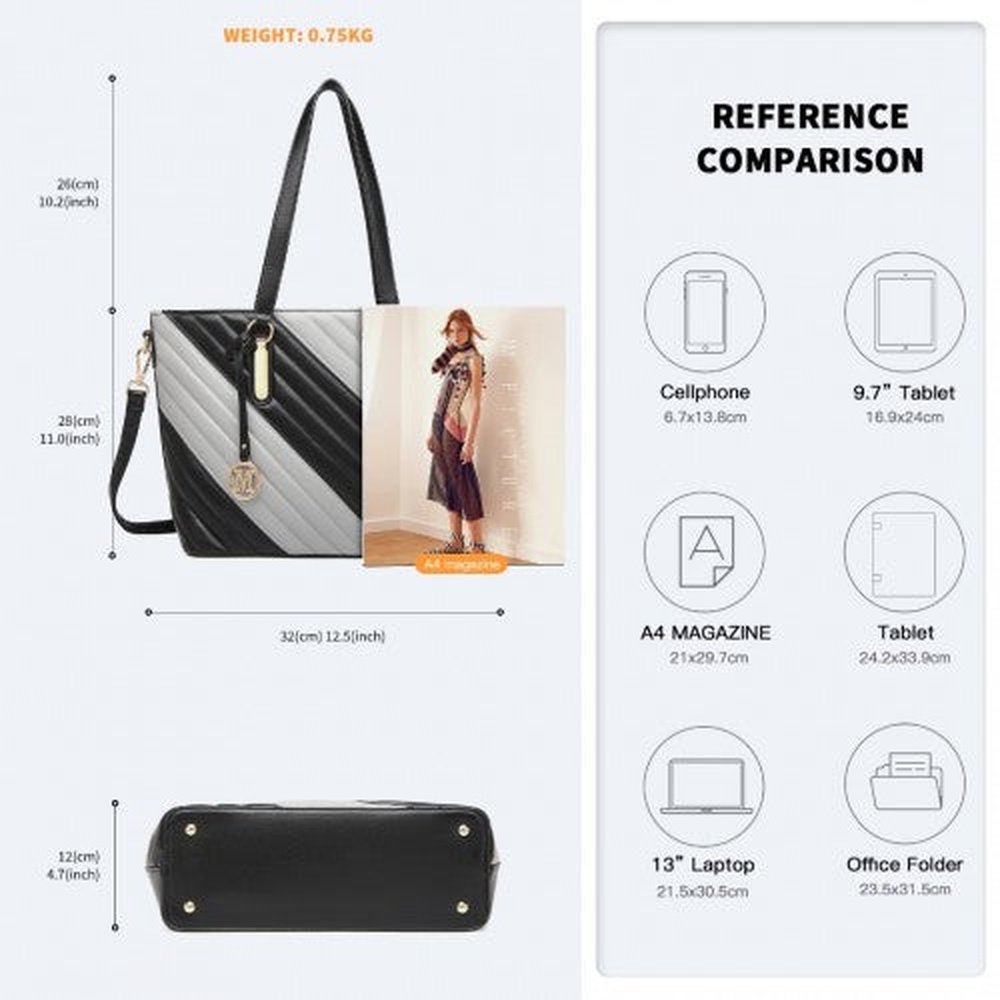 Easy Luggage LT2225 - Miss Lulu Contrast Colour Twill Leather Handbag Tote Bag - Black And Grey