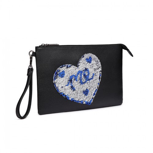 Easy Luggage LT6822L-MISS LULU PU LEATHER SEQUIN HEART ME CLUTCH BAG BLACK