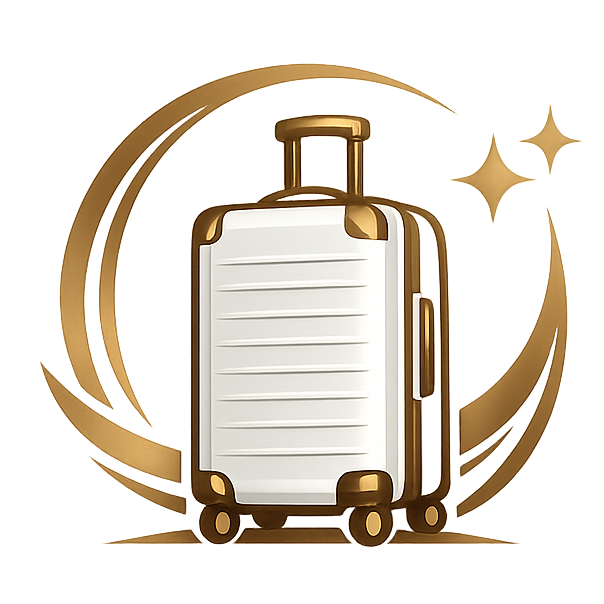 A stylized illustration of a hard-shell rolling suitcase in white with gold trim, set against a gold circular swoosh and sparkles on a plain white background.
