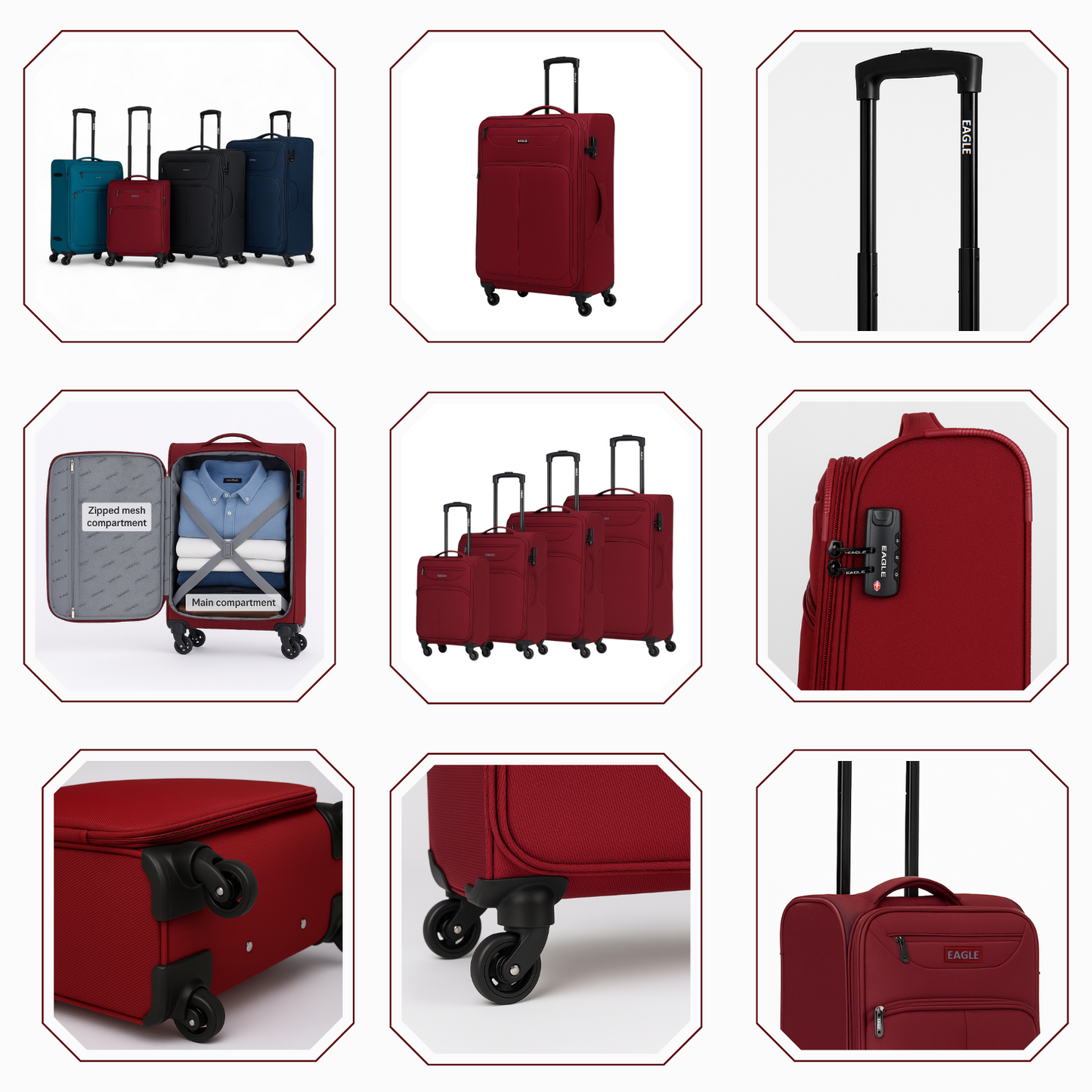 Eagle Super Lightweight 4 Wheels Spinner Soft Shell Expandable Luggage Burgundy