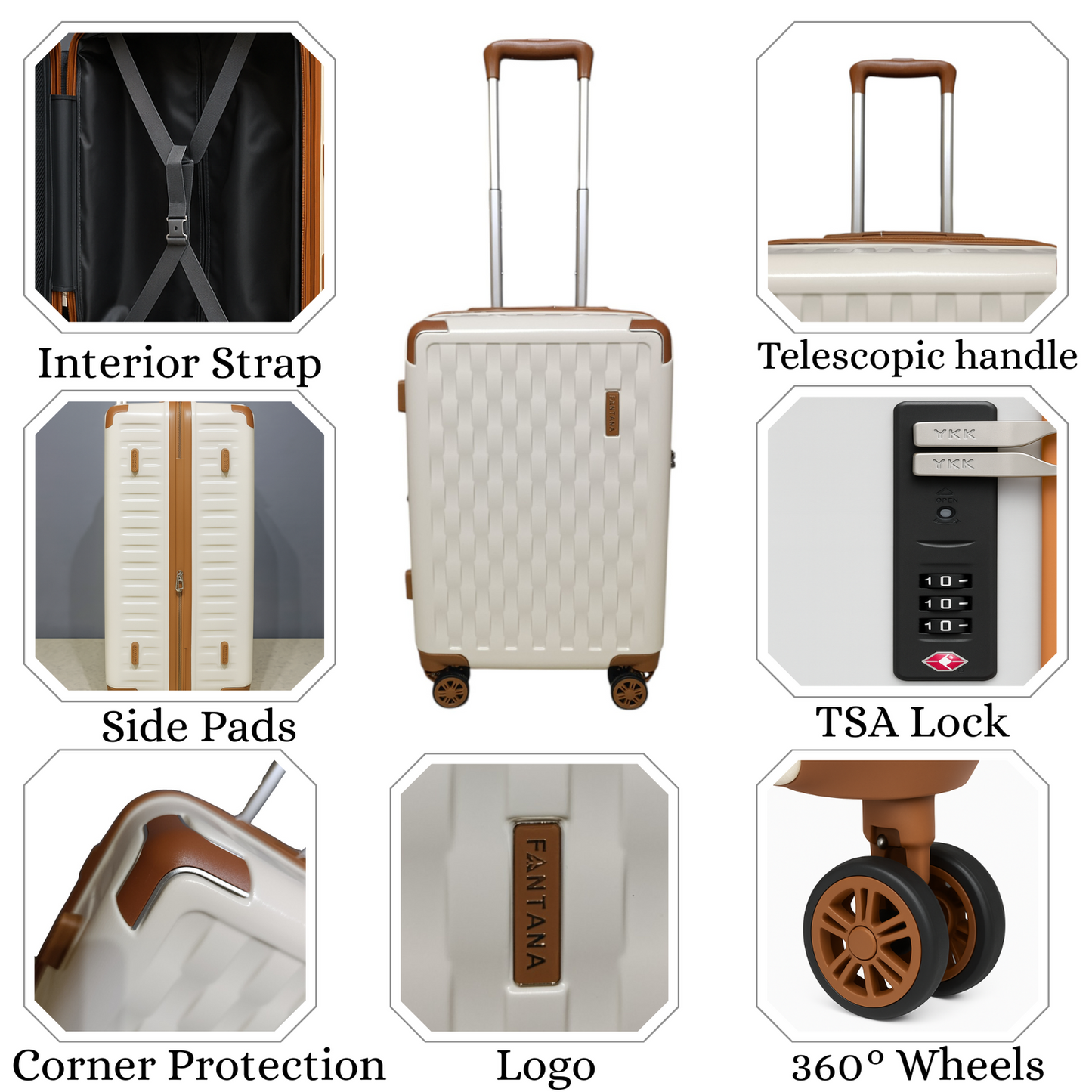 Fantana Premium Expandable Luggage - Hard Shell Polycarbonate, 360° Spinners, TSA Lock - White