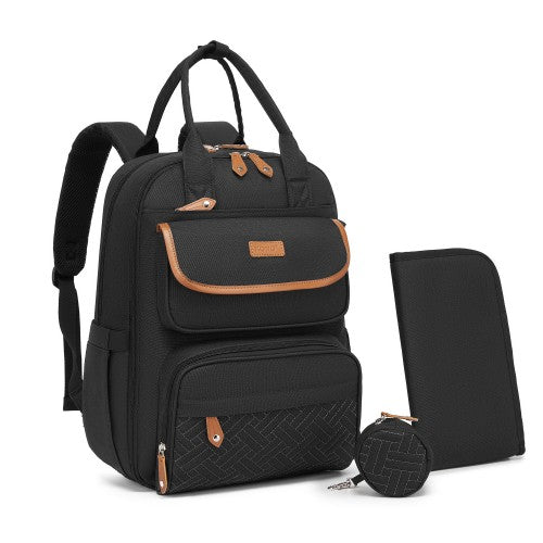 BCK2615 - Kono 3-in-1 Mummy Nappy Backpack Set with Changing Mat & Insulated Pacifier Pouch - Black