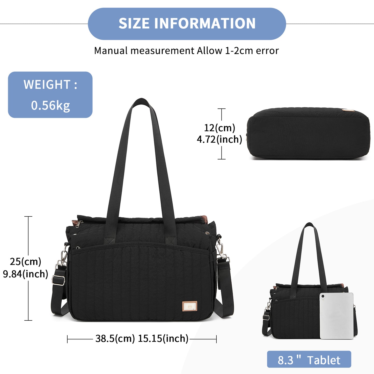 Size chart graphic for black quilted diaper bag showing dimensions and tablet scale comparison