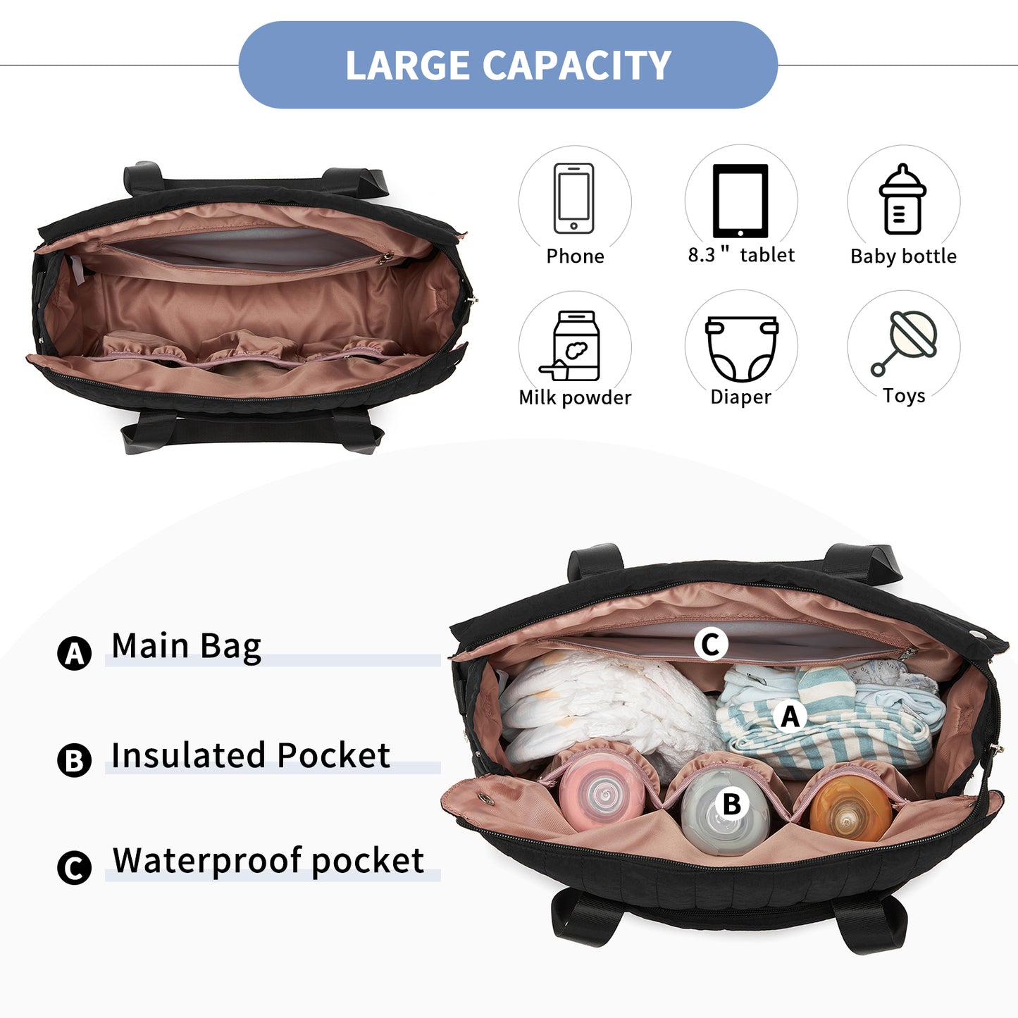 Open black diaper bag showing insulated bottle pockets, waterproof compartment, and large capacity storage