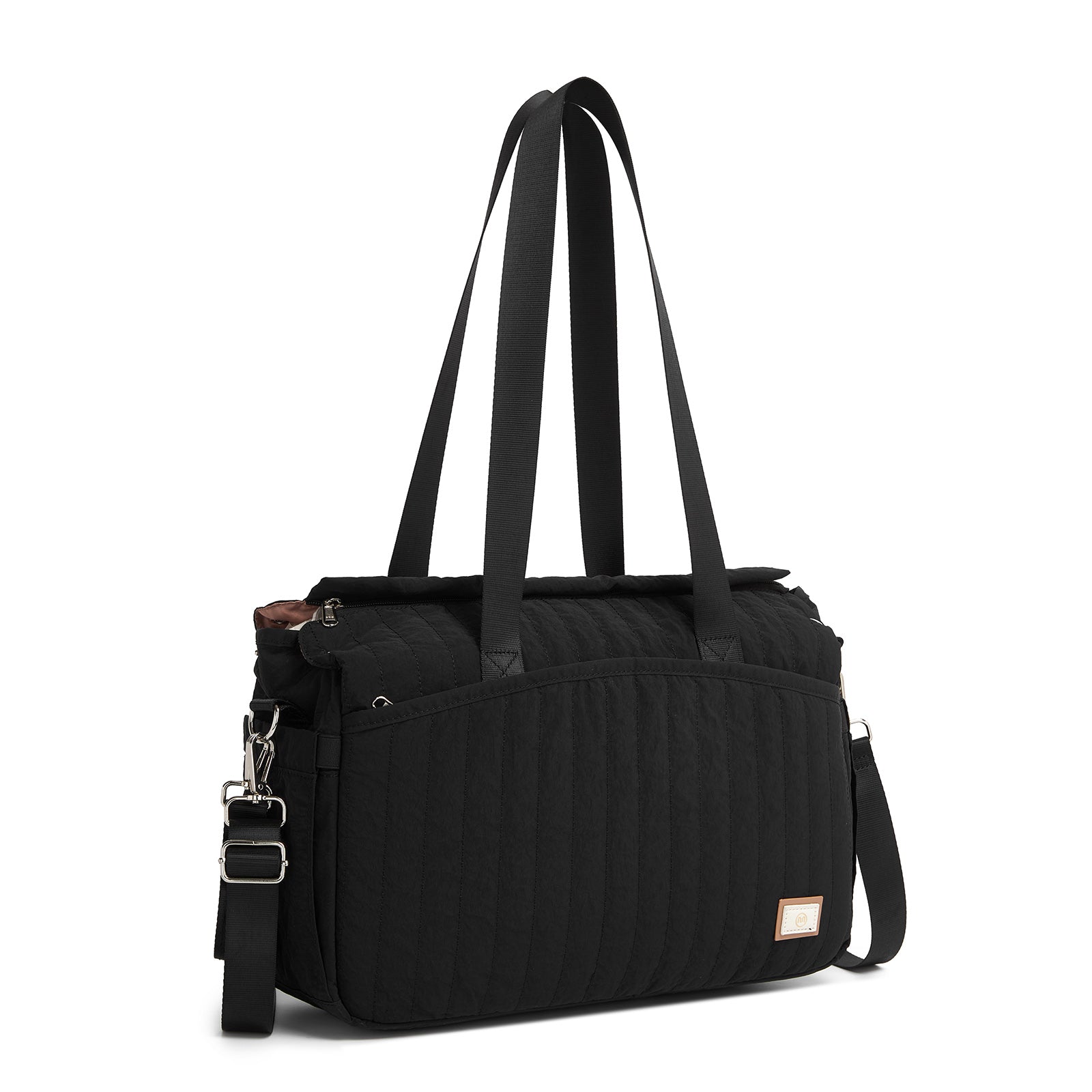 Black quilted nylon maternity diaper bag with dual handles and detachable shoulder strap
