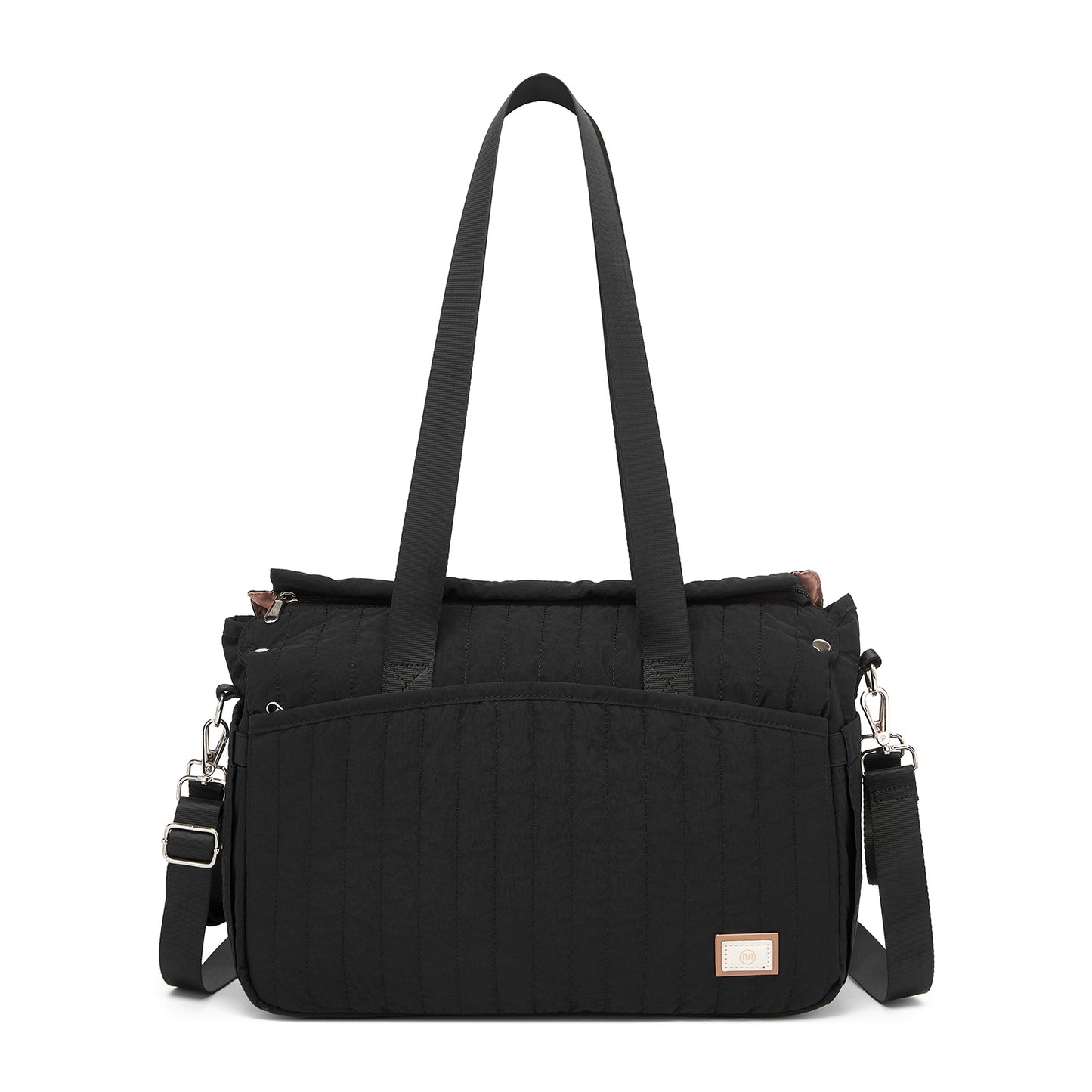 Black quilted diaper bag with vertical stitching, front zipper pocket, and embossed brand label