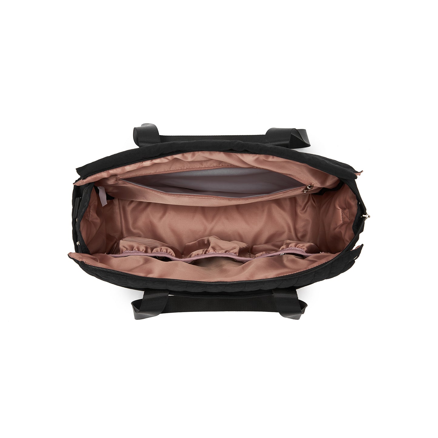 Top-down view of open black diaper bag revealing dusty rose interior lining and padded compartments