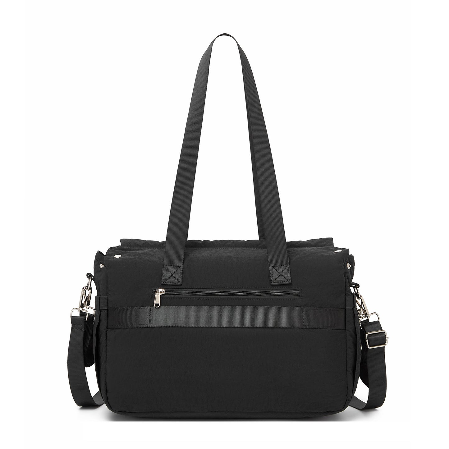 Front view of black textured nylon diaper bag with horizontal zippered pocket and reinforced corners
