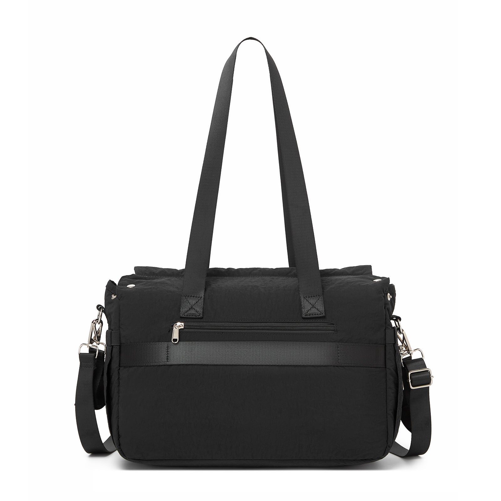 Front view of black textured nylon diaper bag with horizontal zippered pocket and reinforced corners